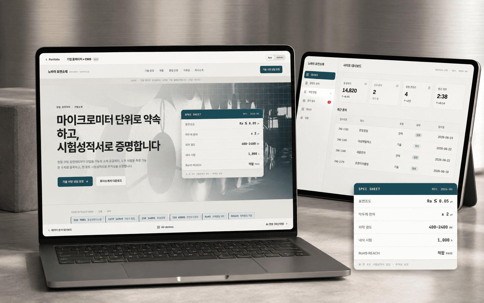 기업 홈페이지 + CMS 데모 화면